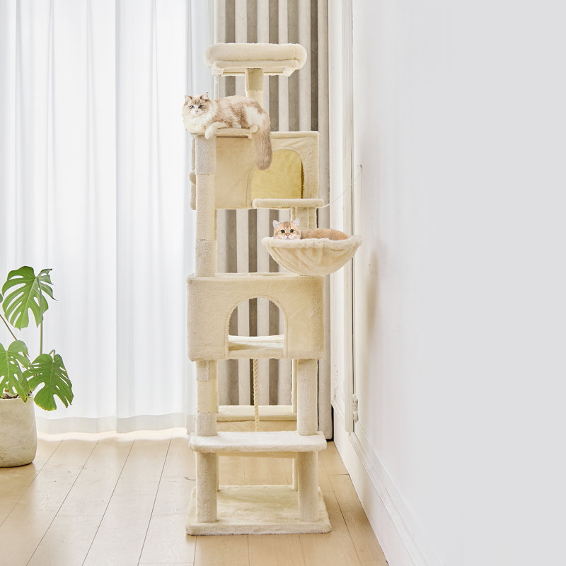 Arbre à chat H 66 po avec perchoir, condo, hamac, panier et poteau à griffes, Beige