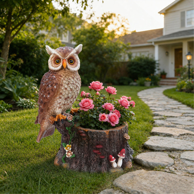 Chouette assise avec tronc d'arbre jardinière - Figurine rustique en polyrésine hibou et pot de fleurs pour décoration intérieure et extérieure