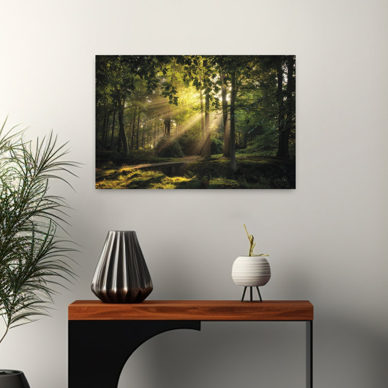 Pont vers la lumière, art contemporain de paysage forestier, H 16 po x l 24 po