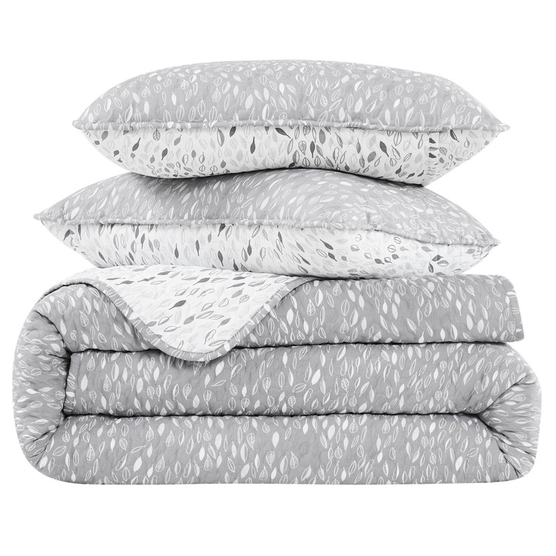 Botanical Forest Grey Reversible Microfiber Full Quilt Set