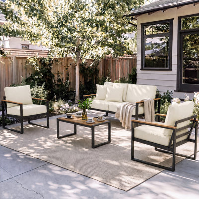 4-Piece Outdoor Patio Conversation Set with Heavy-Duty Steel Frame , Deep Seating and 4" Beige Cushions
