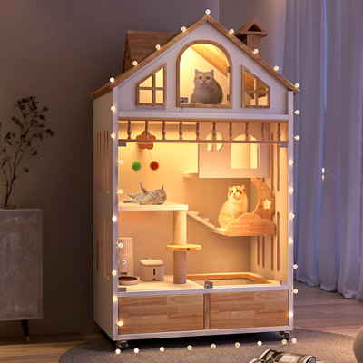 Luxury Cat Villa For Multi-cat Households: Extra Large Indoor Cat Enclosures With Litter Box And Drawer - Wooden Cat House On Wheels