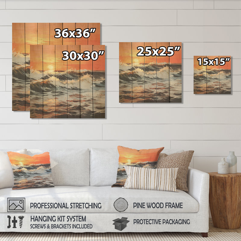Tangerine Skies Ocean Waves III - Coucher de soleil côtier sur bois, H 15 po x l 15 po