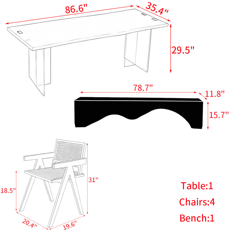 Modern black solid wood acrylic table set, 29.5"H x 86.6"L x 35.4"W