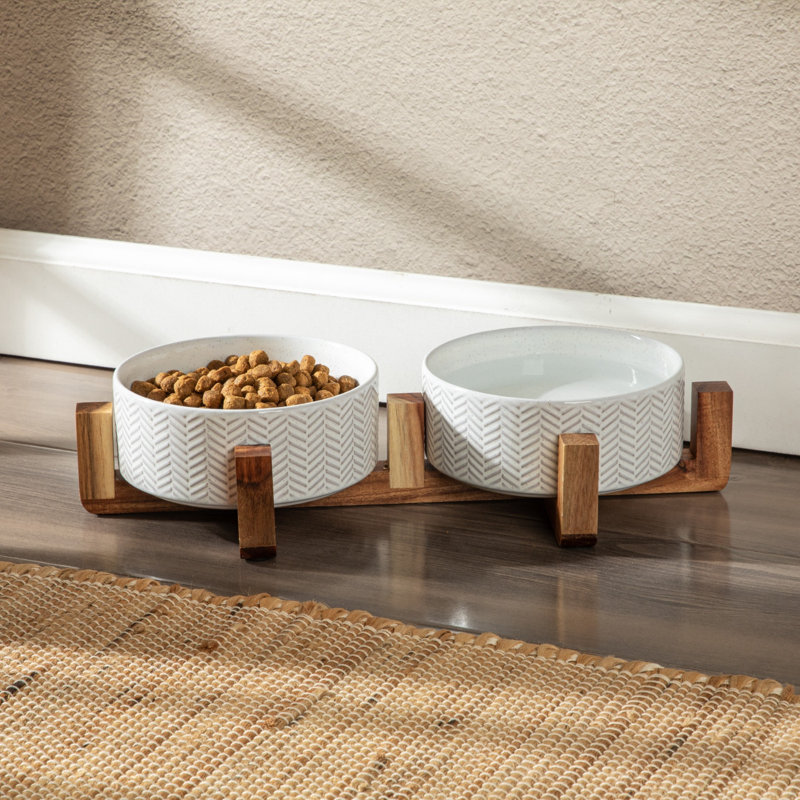 Gamelles en céramique surélevées pour chiens Gibson Home avec support, gamelle double surélevée en céramique, Blanc