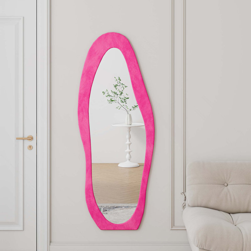Full Length Flannel Wrapped Wooden Frame Floor Mirror/Wall Mirror For Bedroom,Living Room, Dressing Room, Rose Pink