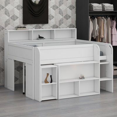 Loft Bed With Integrated Desk, Multiple Storage Shelves, And LED Lighting