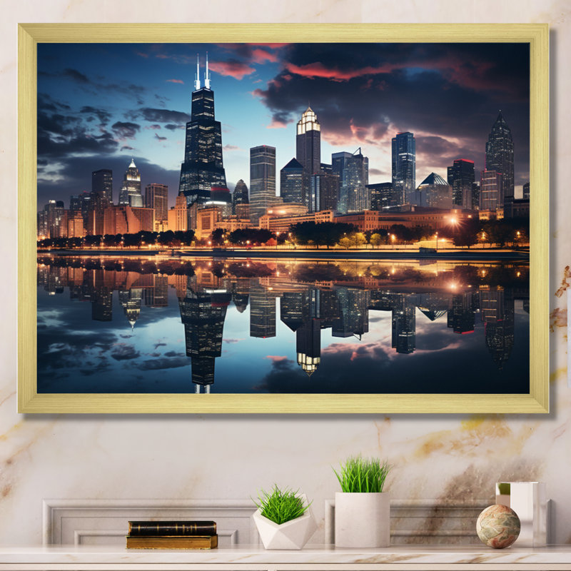 Chicago, beau paysage urbain II - art mural Chicago, Cadre photo unique, H 24 po x l 32 po, Doré