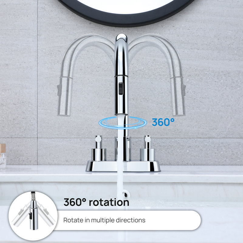 4 po Robinet pour salle de bain à poignée double à grande arche Centreset avec douchette extractible et bonde escamotable