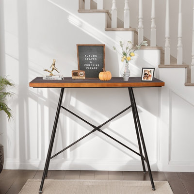 Bar Table, 45.3"L×41.34"H Bar Height Pub Table High Top Rectangular Sofa Console Table Kitchen Dining Coffee Table, For Narrow Space, Living Room, Indoor, Industrial Black Metal, Rustic Brown Wood