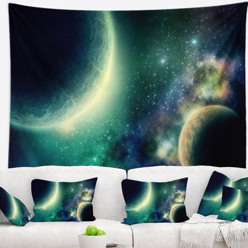 Tapisserie abstraite de deux planètes, H 50 po x l 60 po