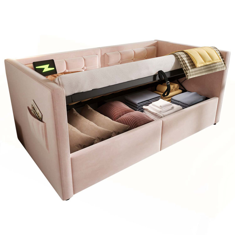 Upholstered Twin Size Daybed with Hydraulic Storage, USB & Type-C Charging, Wooden Slats, and Tufted Sofa Back in Pink Velvet