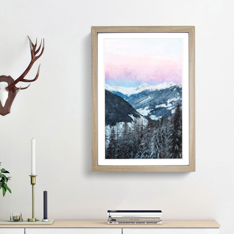 Pink Sky Over The Mountains In Italy - Single Picture Frame Print on MDF, Oak Framed, 33cm H x 24cm W x 2cm D