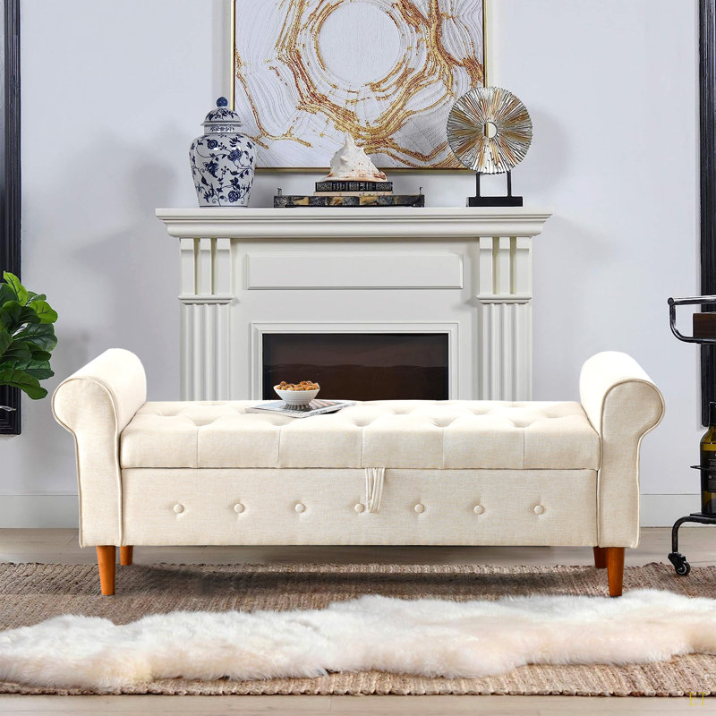 Banc de rangement capitonné à boutons de 62 po pour la chambre à coucher de 62 po, repose-pieds rembourré en tissu moderne, banc de fenêtre, accoudoirs roulés pour chambre à coucher, salon, vestibule