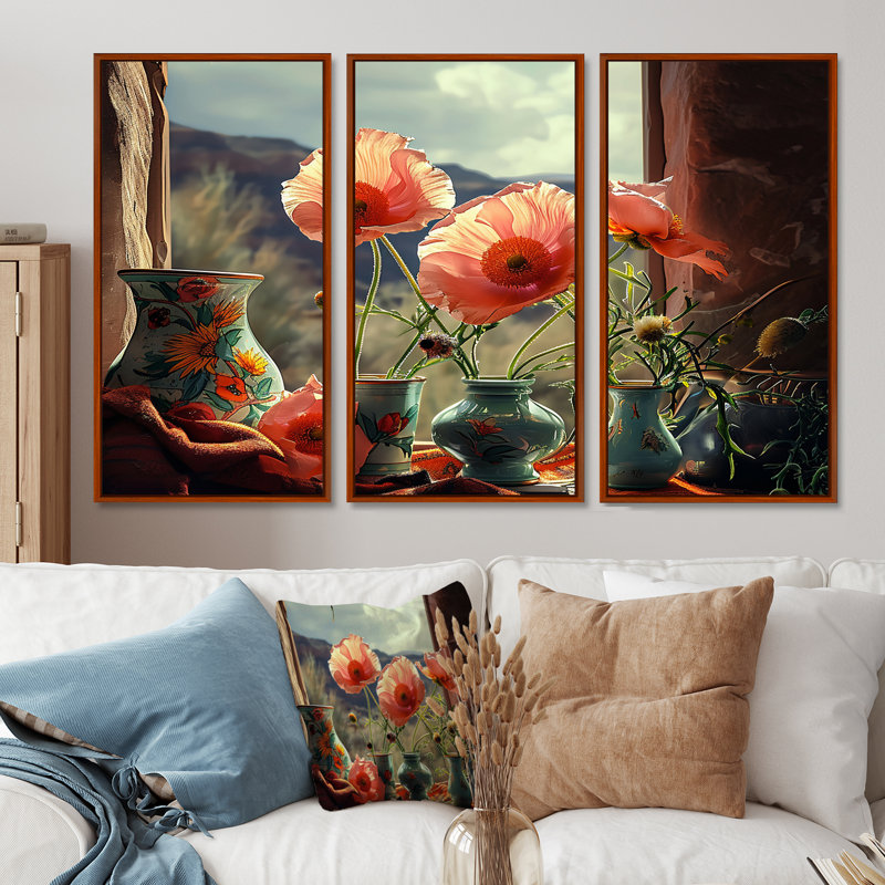 Dahmen - ensemble d'art mural coquelicot, H 40 po x l 60 po x P 1 po, Cadre flottant brun