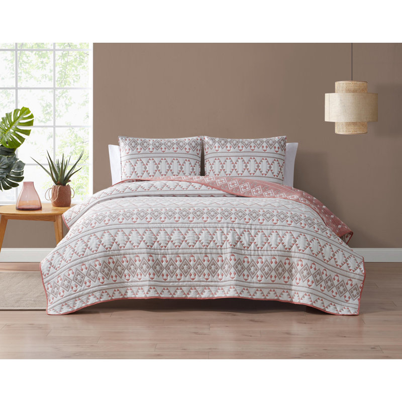 DESIGN STUDIO Kai Tribal Clay/Tan/White 3-Piece All-Season Soft Woven Matelasse Jacquard Cotton Blend Quilt Set