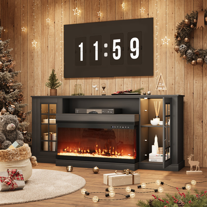 70" TV Stand for TVs up to 80" with Fireplace Included, Black