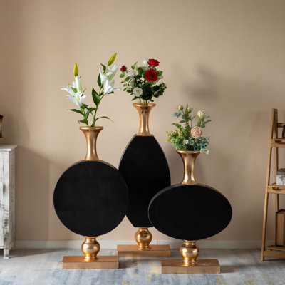 Ensemble de grands vases de plancher en fibre de verre dorés et noirs de 3 pouces - rehausse le décor de la maison avec un charme campagnard - parfait comme pièce maîtresse pour le salon, la salle d'entrée, la salle à manger et le couloir