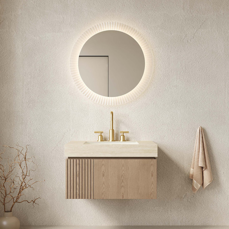 Meuble-lavabo flottant avec comptoir en pierre frittée et vasque en céramique Roma Travertine, 30", Light Brown, Travertine