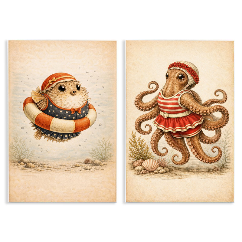 Ensemble de 2 plaques murales rétro, "Bathing Creatures", par Grotto Studios, 19 cm x 13 cm