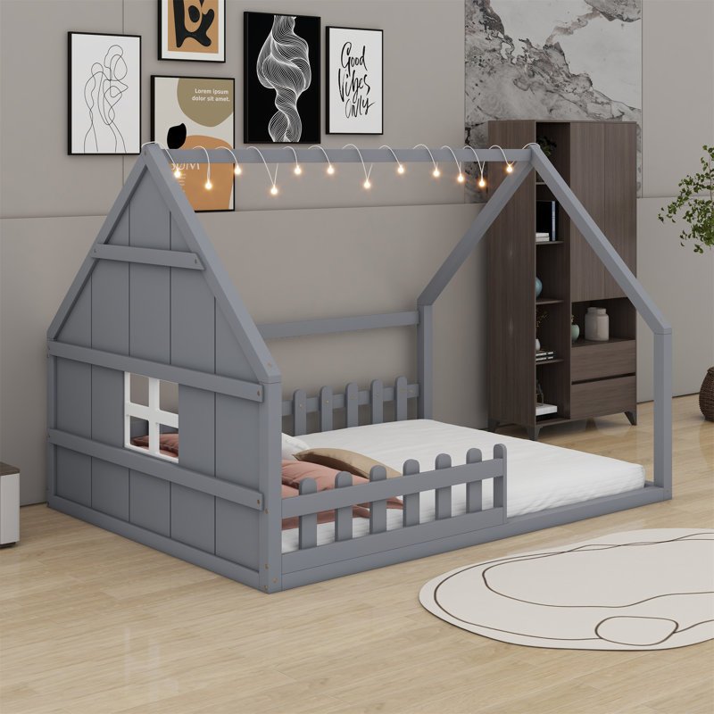 Lit maison avec fenêtre et clôture, DEL, Gris