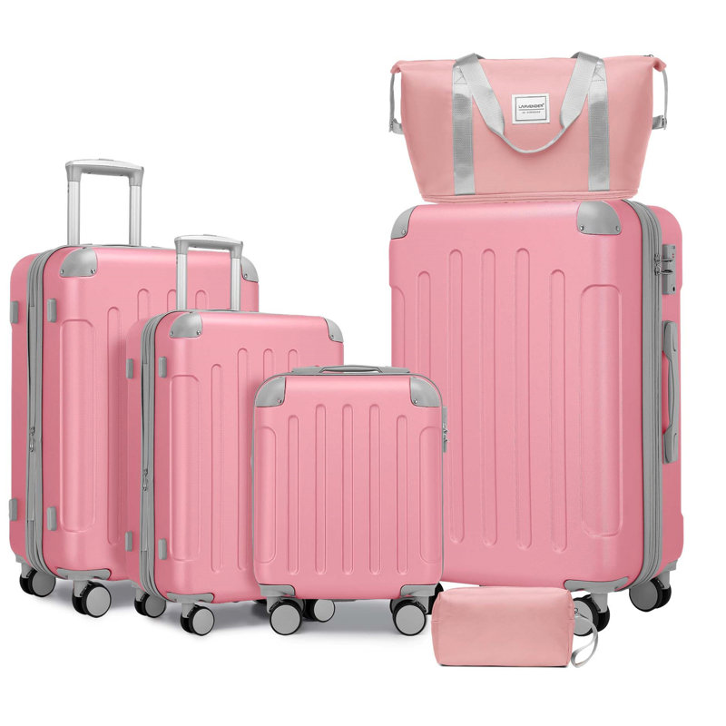 Ensemble de 6 valises avec sacs de voyage, valises rigides extensibles avec roulettes, verrou TSA, rose