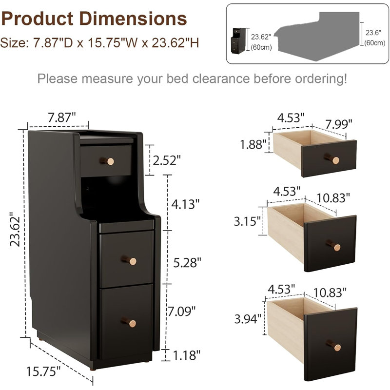 Solid Wood Nightstand with Raised Edge Top, Sliding Shelf, Cable Cutout & Skirting Board Clearance, Black, 7.88" W