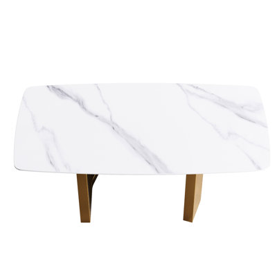 68.85" Artificial Stone White Dining Table With Golden Metal Legs - Seats 6-8, Scratch, , Attractive Outlook Sintered Fits 6-8 Persons, , Stable & Graceful Appearance
