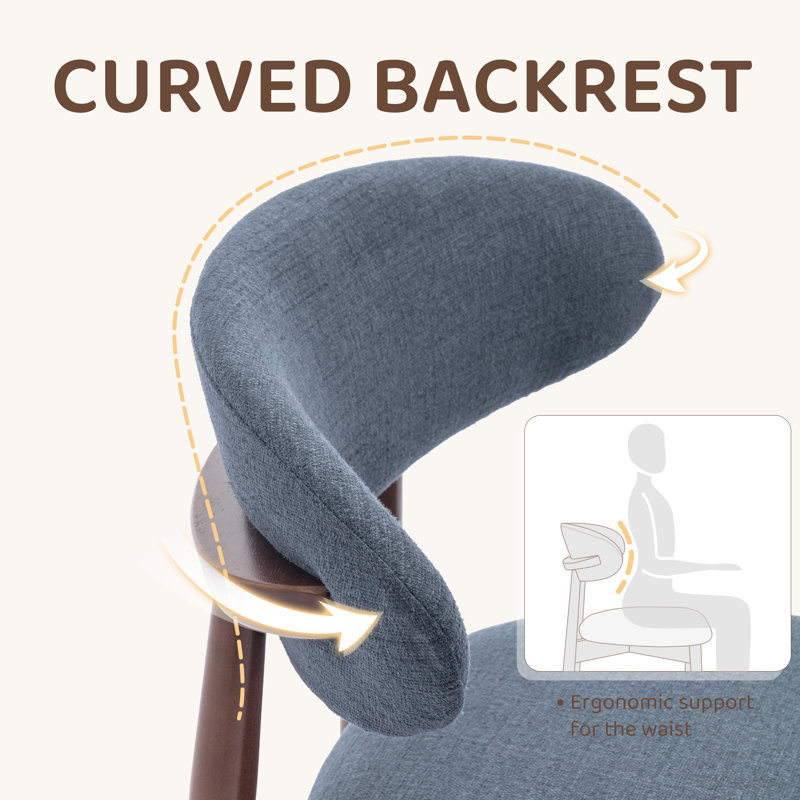  Solid Wood Upholstered Dining Chair - Ergonomic Curved Back, Comfort Fabric, Walnut, Blue Fabric