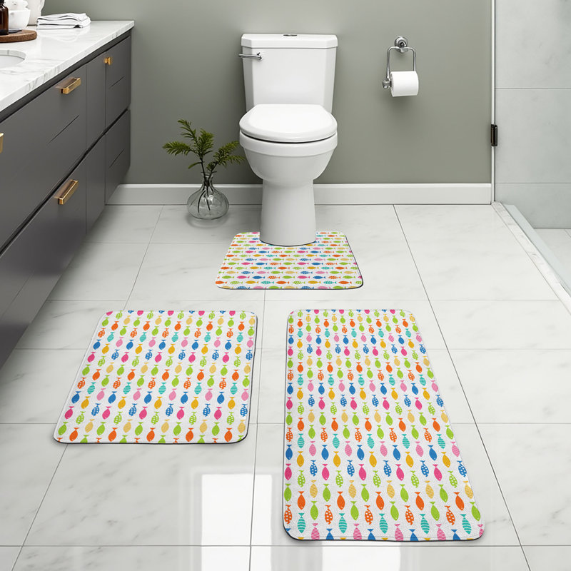  Tapis de salle de bain poisson 3 pièces en U et tapis rectangulaires blanc multicolore