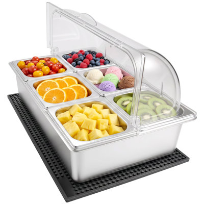 Countertop Food Serving Display Container, Stainless Steel Food Salad Server Tray, Buffet Condiment Dispenser, Ice Cooled Rack with Clear Roll Top Cover, for Restaurant Hotel (6x1/6 Pan x2)