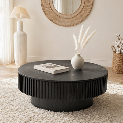 Table basse 31,5 po ronde avec rangement Table d'appoint moderne en placage de bois massif pour salon, chambre à coucher, appartement ou bureau, noir