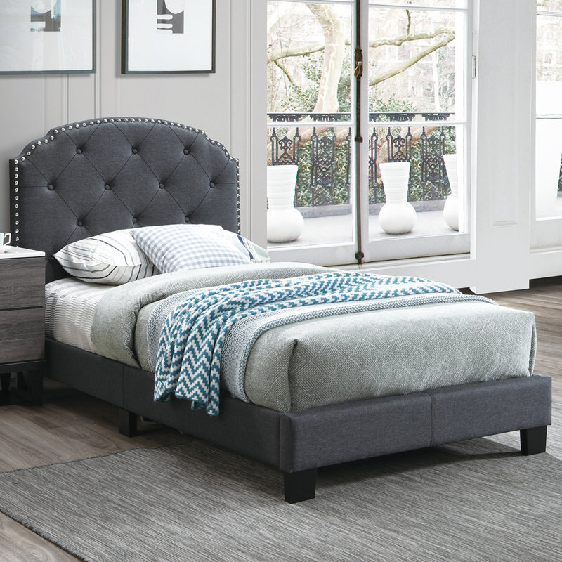 Lit plateforme tapissier en bois massif, Gris, Simple
