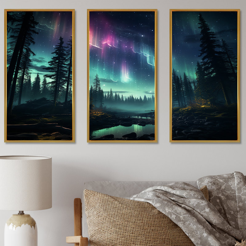 Kawaii Borealis In Canada I - Aurora Borealis, ensemble de reproduction d'art mural, Cadre flottant doré