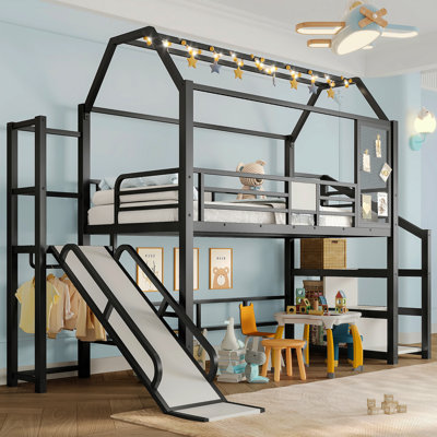 Twin House Loft Bed With Slide And Stairs, Metal Playhouse Bed With Storage Shelves, House-Shaped Roof And Noise-Free Design, Black
