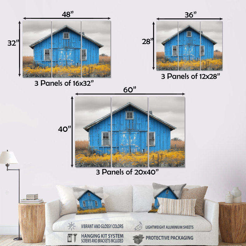 Ensemble de salon art mural grange d'automne bleu gris, Sans cadre, H 32 po x l 48 po x P 1 po