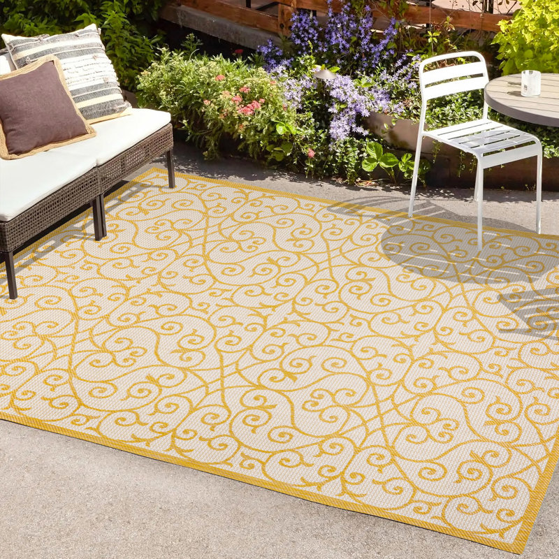 Deilani Vintage Filigree Textured Weave Cream/Yellow Indoor/Outdoor Rug, Rectangle 7'9" x 10'