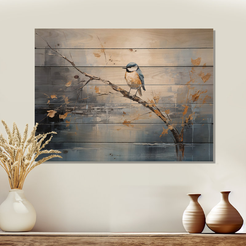 Fleur dorée et bleue au printemps I - oiseau sur un arbre sur bois, H 10 po x l 20 po