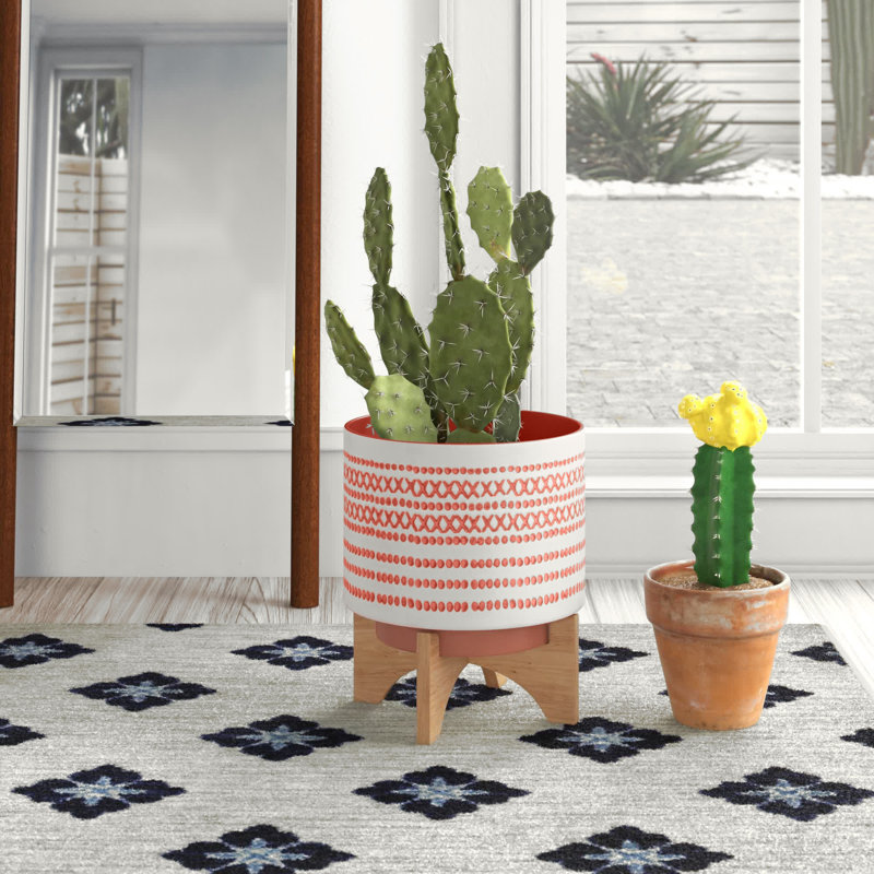 Pot à fleurs en céramique pour intérieur / extérieur avec motif aztèque sur support en bois idéal pour les plantes grasses