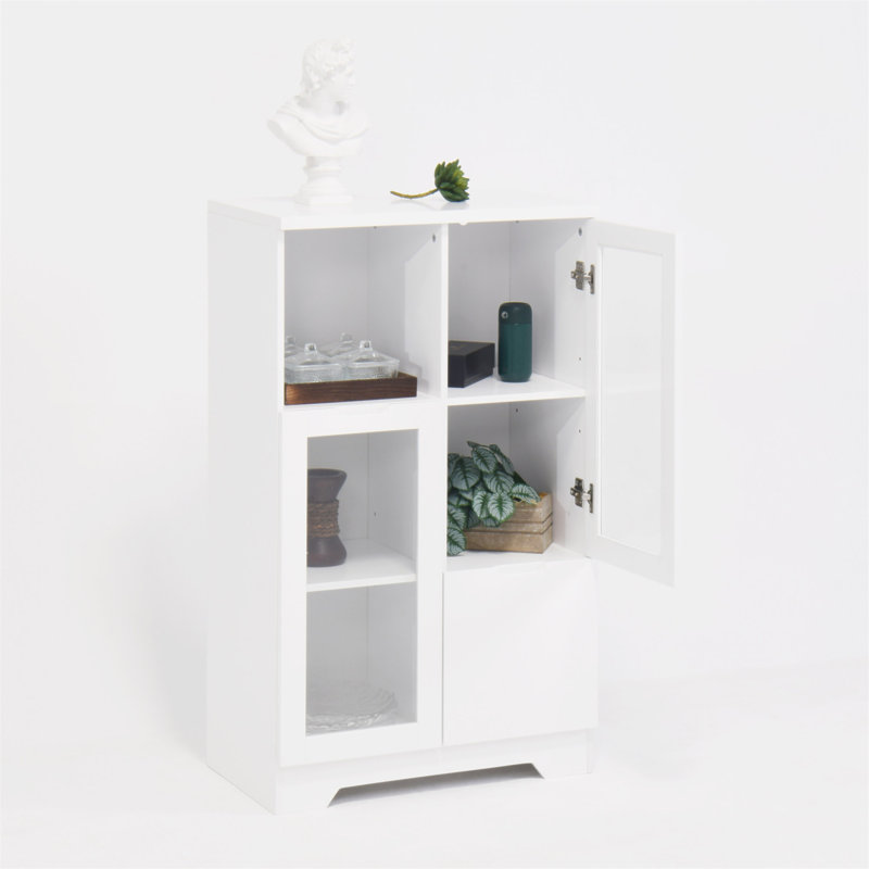 Wooden Floor Cabinet With 2 Glass Doors And 2 Storage Space,Living Room Bathroom Entryway, White