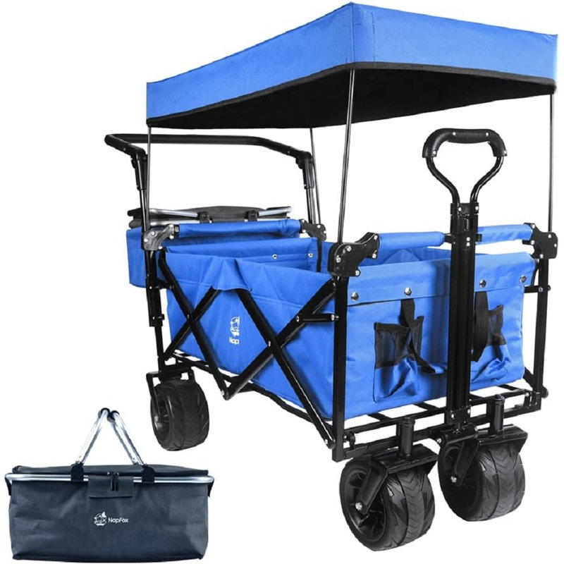 Chariot pliable avec roues, auvent et frein - capacité de 140 L - bleu, Bleu