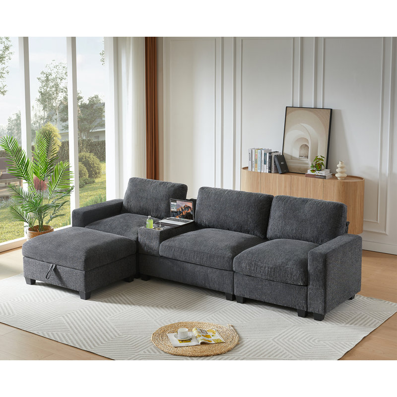 Modern L-Shaped Sleeper Sectional with Storage Ottoman | Chenille Fabric Sofa Bed with USB Charging for Small Spaces