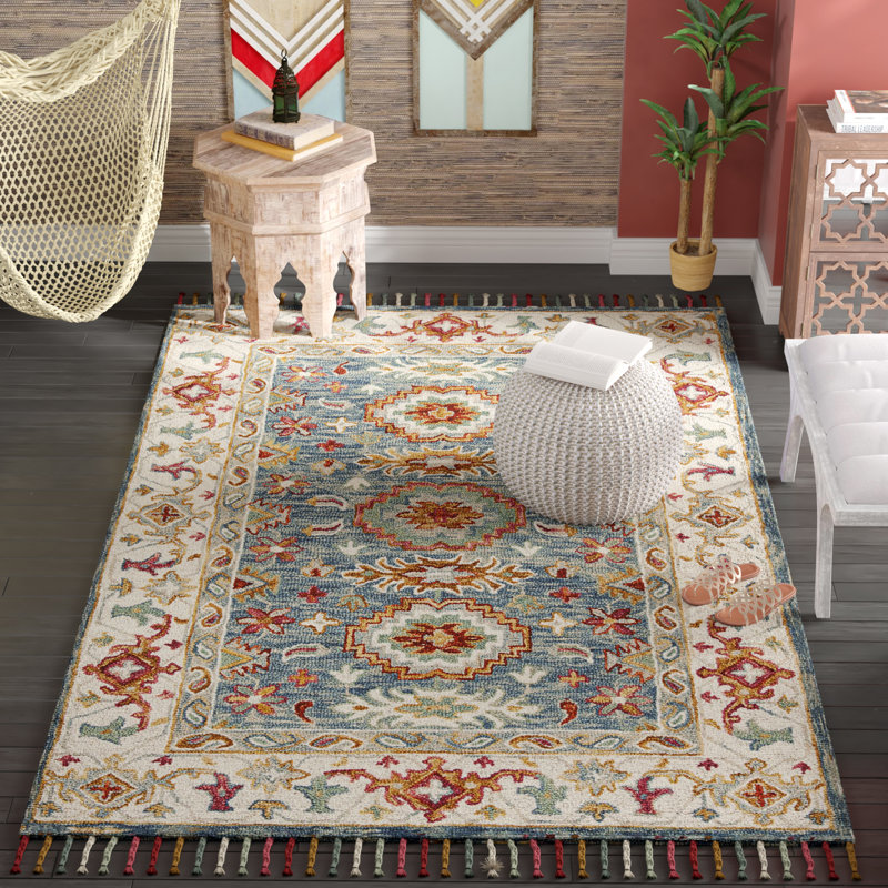 Vahakn Handmade Tufted Wool Blue/Ivory Area Rug, Rectangle 2' x 3'