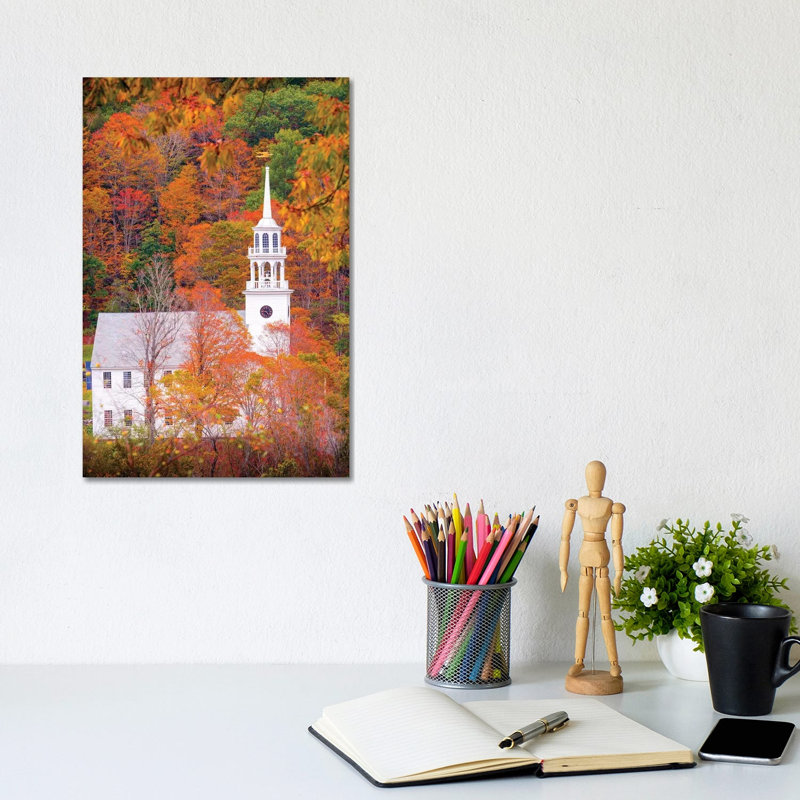 Church With Fall Foliage In Vermont New England by Susanne Kremer - Wrapped Canvas Gallery-Wrapped Canvas Giclée