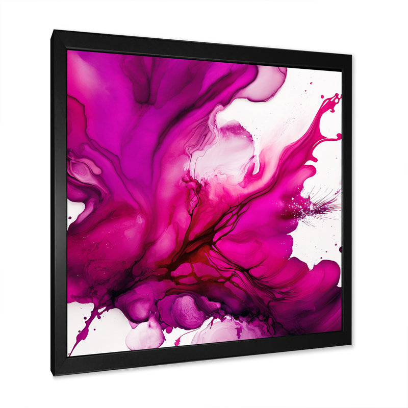 Ancien mystère in Viva Magenta II - Art abstrait à l'encre liquide, H 24 po x l 24 po, Toile avec cadre photo, Noir