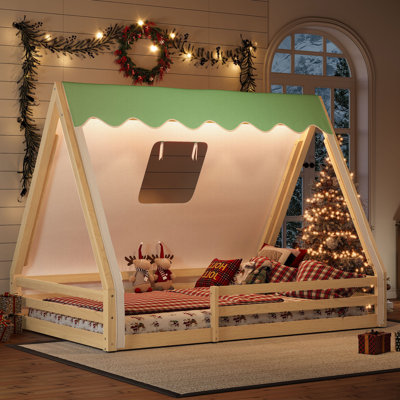 Full Size House Floor Bed With Tent And Light, Solid Wood