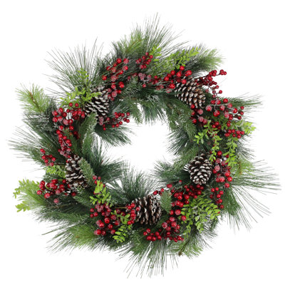 Couronne de Noël artificielle glacée à baies rouges et pin mélangé - non éclairé 32 pouces