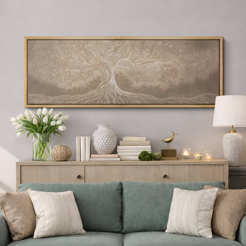 Neutral Beige Tree with Flowing Roots and Branches - Extra Large Pictures Framed Canvas Print 3 Pieces Wall Art