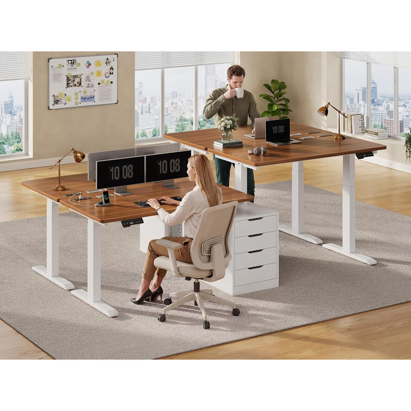 Bureau debout pour deux personnes, bureau d'ordinateur de 94 po de long avec 4 tiroirs, Brown/White