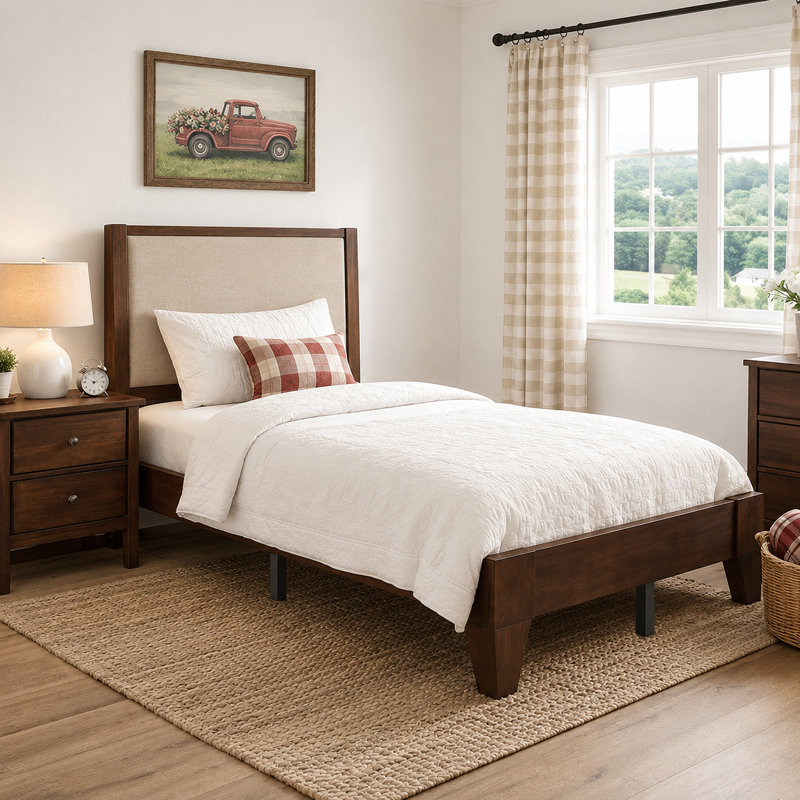 Modern Solid Pine Platform Twin Bed Frame, Twin, Walnut